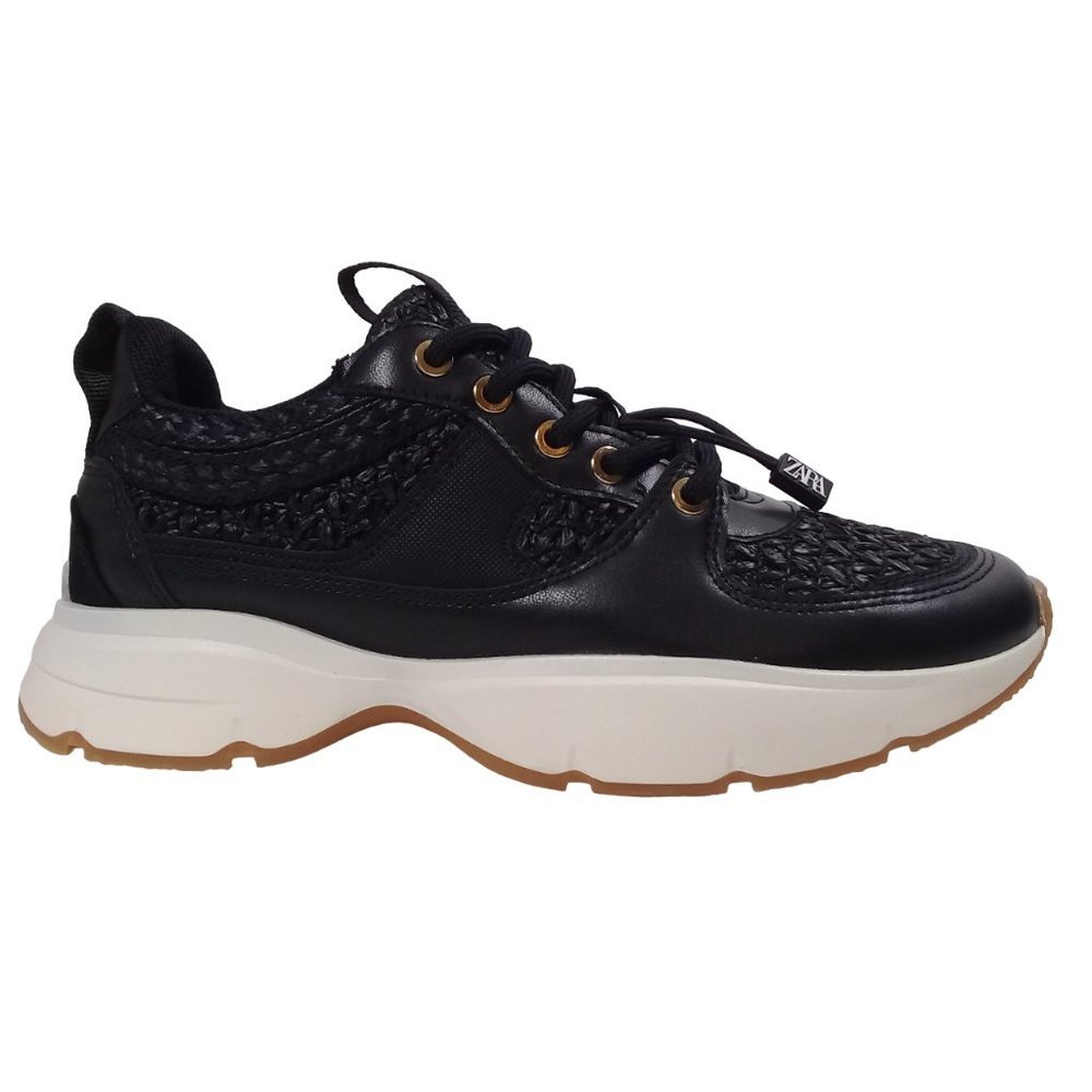 Zara Women's Crochet Straw Raffia Combination Sneakers Black Size EU 38/USA 7.5